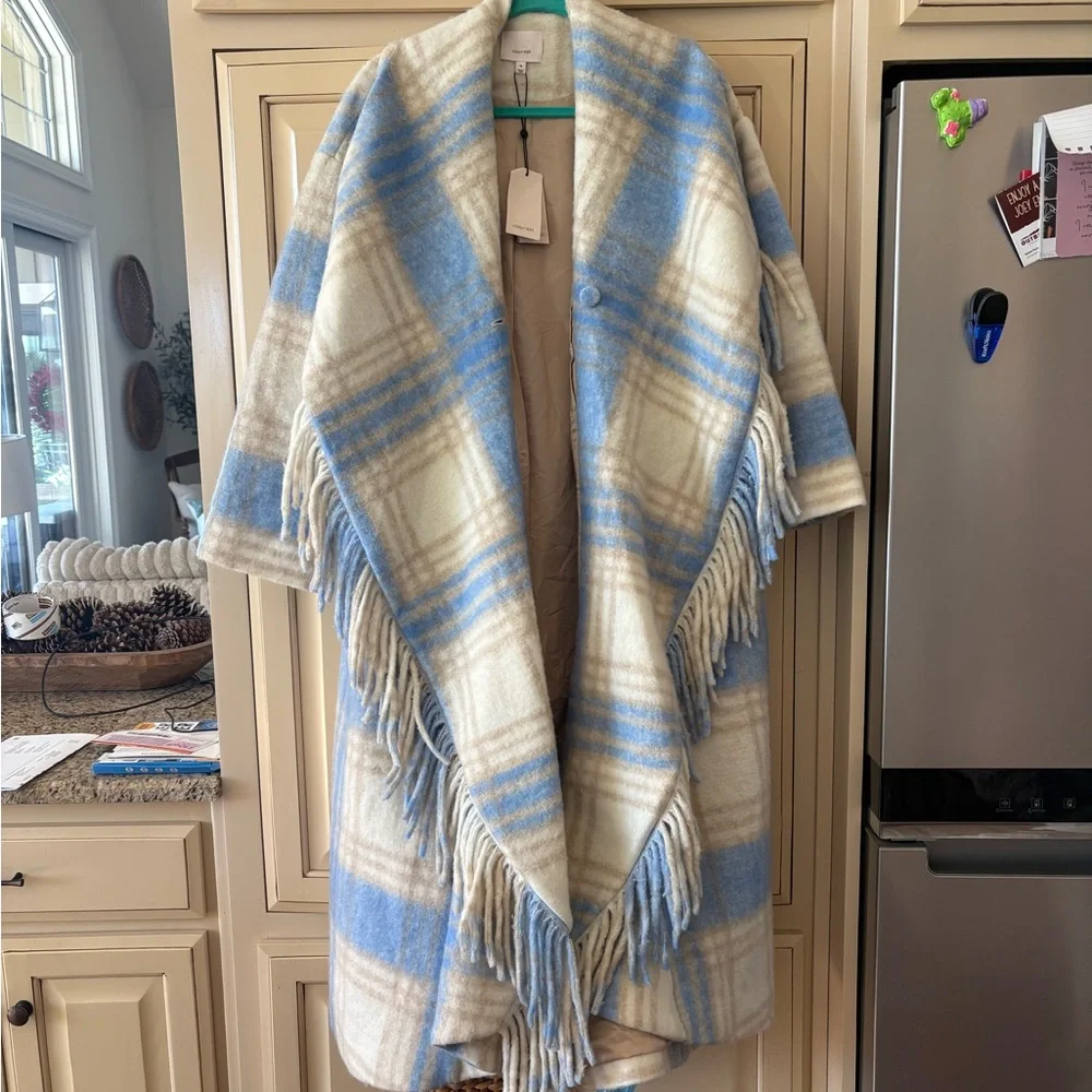 NWT- Cinq à Sept 'Lita' Wool-Blend Fringe-Trim Plaid Coat, Glacier Blue - Medium - Picture 8 of 9